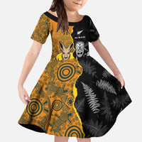 Custom New Zealand and Australia Rugby Championship 2024 Family Matching Short Sleeve Bodycon Dress and Hawaiian Shirt Maori Warrior and Kangaroo Mascot with Fern Aboriginal LT03 Daughter's Dress Black - Polynesian Pride