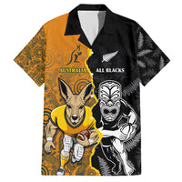 Custom New Zealand and Australia Rugby Championship 2024 Family Matching Short Sleeve Bodycon Dress and Hawaiian Shirt Maori Warrior and Kangaroo Mascot with Fern Aboriginal LT03 Dad's Shirt - Short Sleeve Black - Polynesian Pride