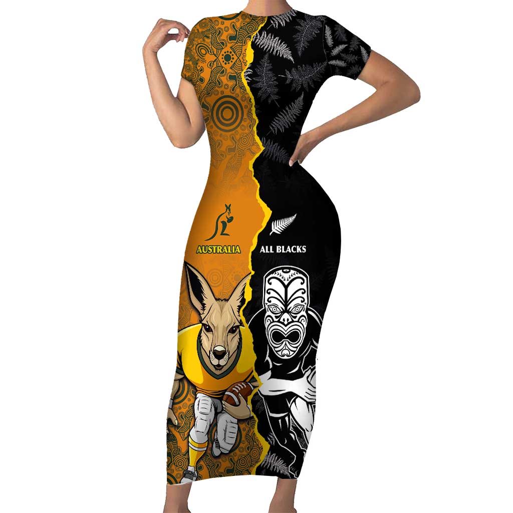 Custom New Zealand and Australia Rugby Championship 2024 Family Matching Short Sleeve Bodycon Dress and Hawaiian Shirt Maori Warrior and Kangaroo Mascot with Fern Aboriginal LT03 Mom's Dress Black - Polynesian Pride