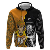 Custom New Zealand and Australia Rugby Championship 2024 Hoodie Maori Warrior and Kangaroo Mascot with Fern Aboriginal LT03 Pullover Hoodie Black - Polynesian Pride