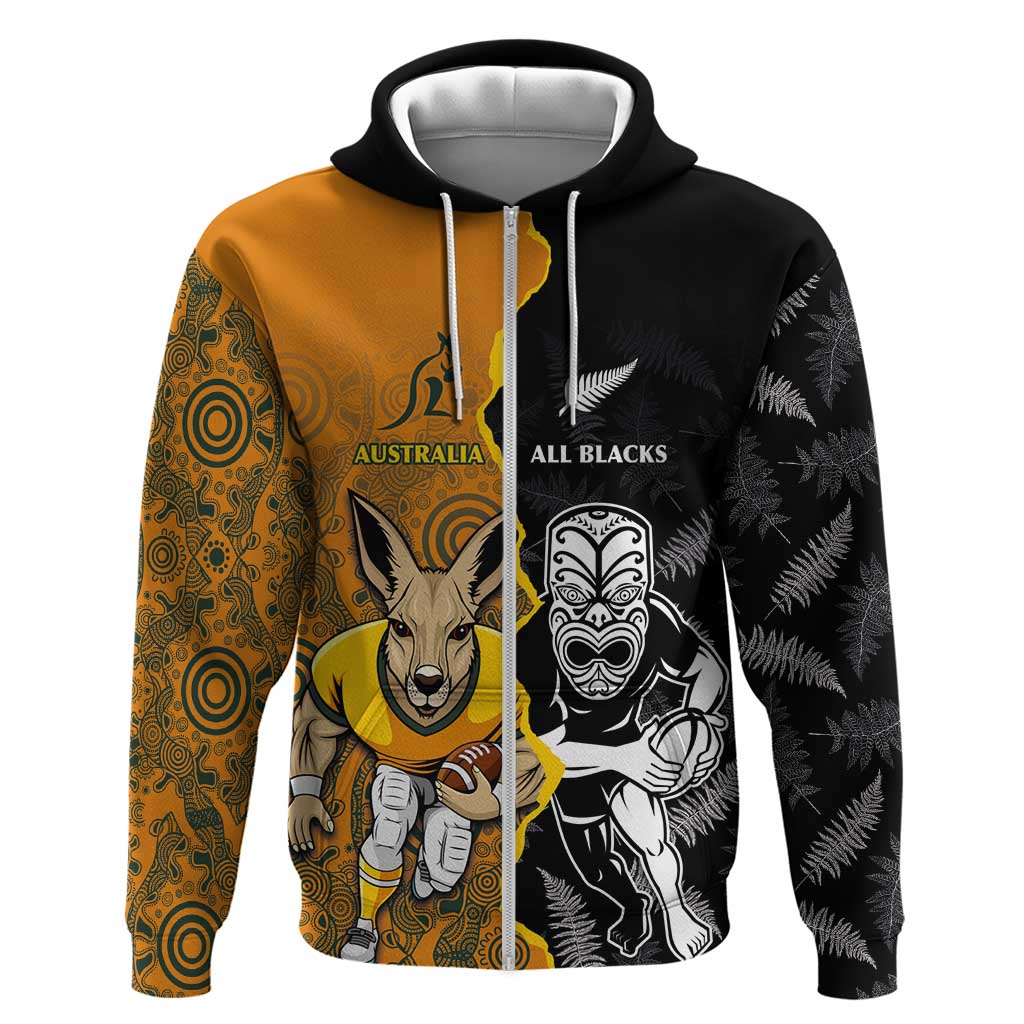 Custom New Zealand and Australia Rugby Championship 2024 Hoodie Maori Warrior and Kangaroo Mascot with Fern Aboriginal LT03 Zip Hoodie Black - Polynesian Pride
