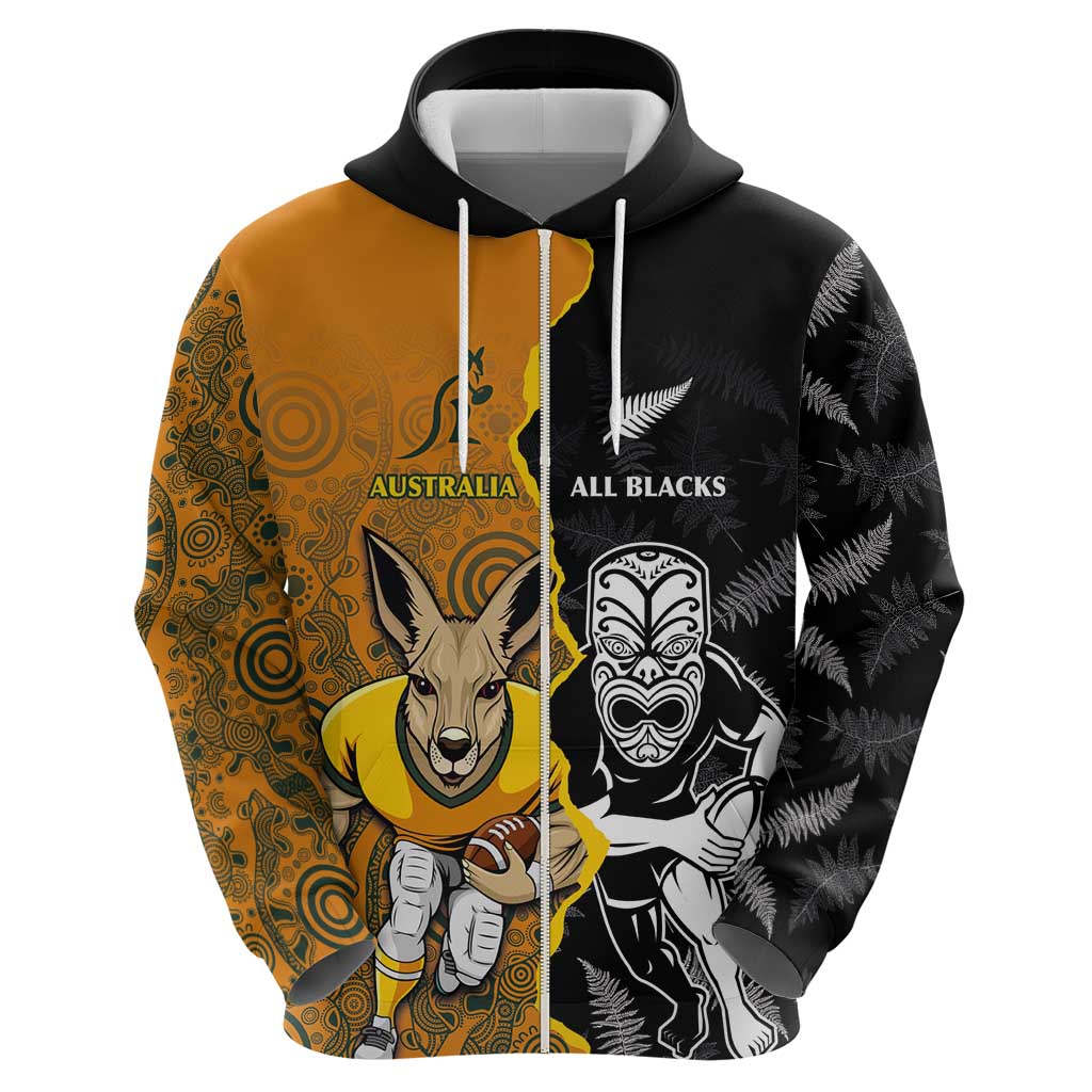 Custom New Zealand and Australia Rugby Championship 2024 Hoodie Maori Warrior and Kangaroo Mascot with Fern Aboriginal LT03 - Polynesian Pride