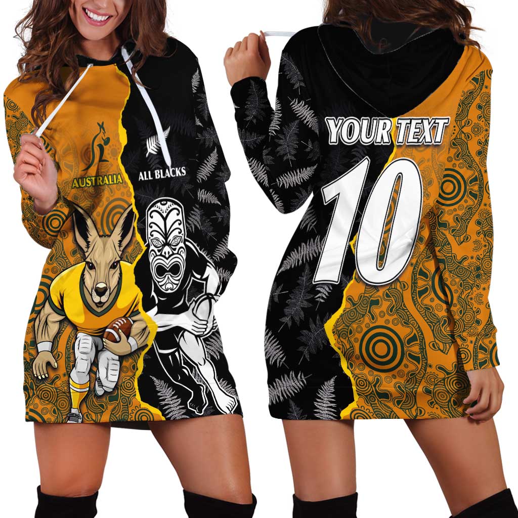Custom New Zealand and Australia Rugby Championship 2024 Hoodie Dress Maori Warrior and Kangaroo Mascot with Fern Aboriginal LT03 - Polynesian Pride