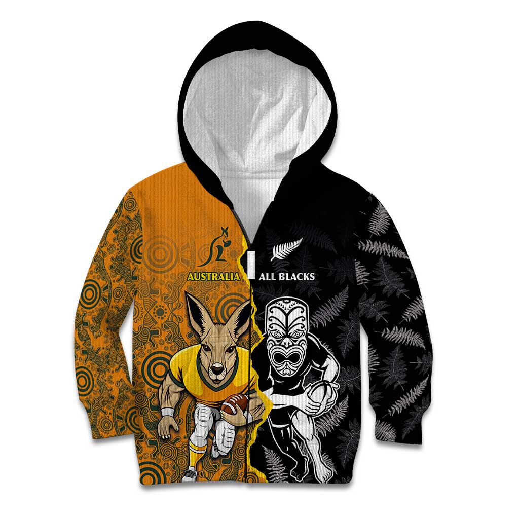 Custom New Zealand and Australia Rugby Championship 2024 Kid Hoodie Maori Warrior and Kangaroo Mascot with Fern Aboriginal LT03 Zip Hoodie Black - Polynesian Pride