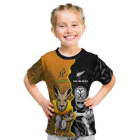 Custom New Zealand and Australia Rugby Championship 2024 Kid T Shirt Maori Warrior and Kangaroo Mascot with Fern Aboriginal LT03 Black - Polynesian Pride