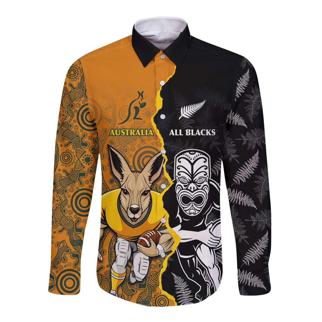 Custom New Zealand and Australia Rugby Championship 2024 Long Sleeve Button Shirt Maori Warrior and Kangaroo Mascot with Fern Aboriginal LT03 Unisex Black - Polynesian Pride