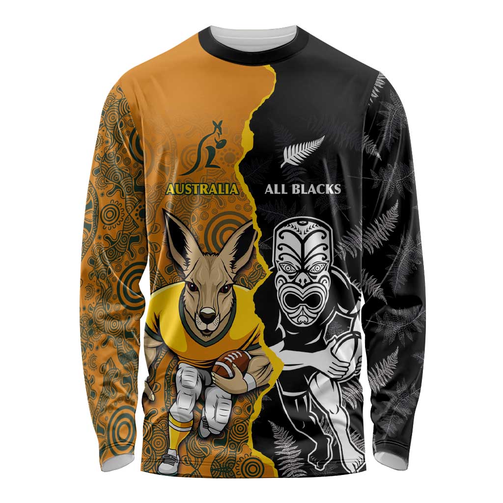 Custom New Zealand and Australia Rugby Championship 2024 Long Sleeve Shirt Maori Warrior and Kangaroo Mascot with Fern Aboriginal LT03 Unisex Black - Polynesian Pride