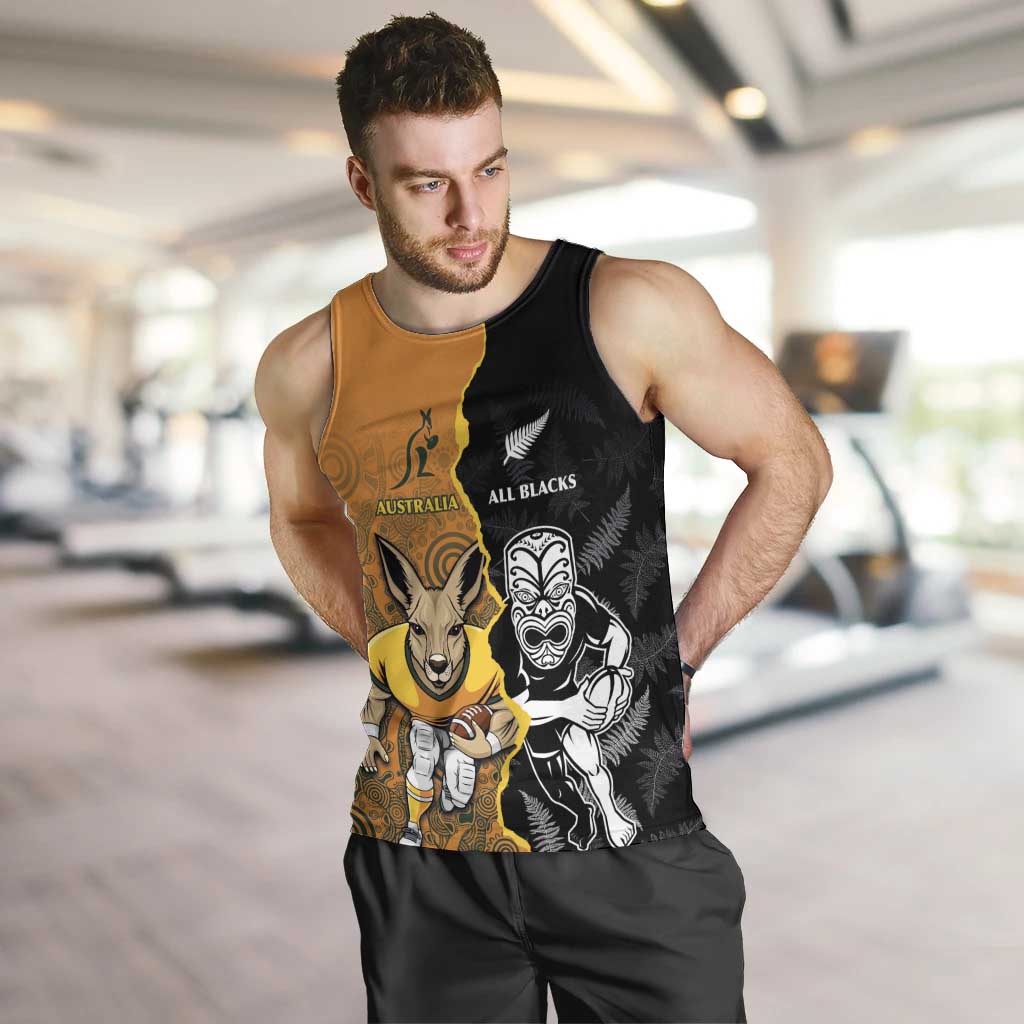 Custom New Zealand and Australia Rugby Championship 2024 Men Tank Top Maori Warrior and Kangaroo Mascot with Fern Aboriginal LT03 Black - Polynesian Pride