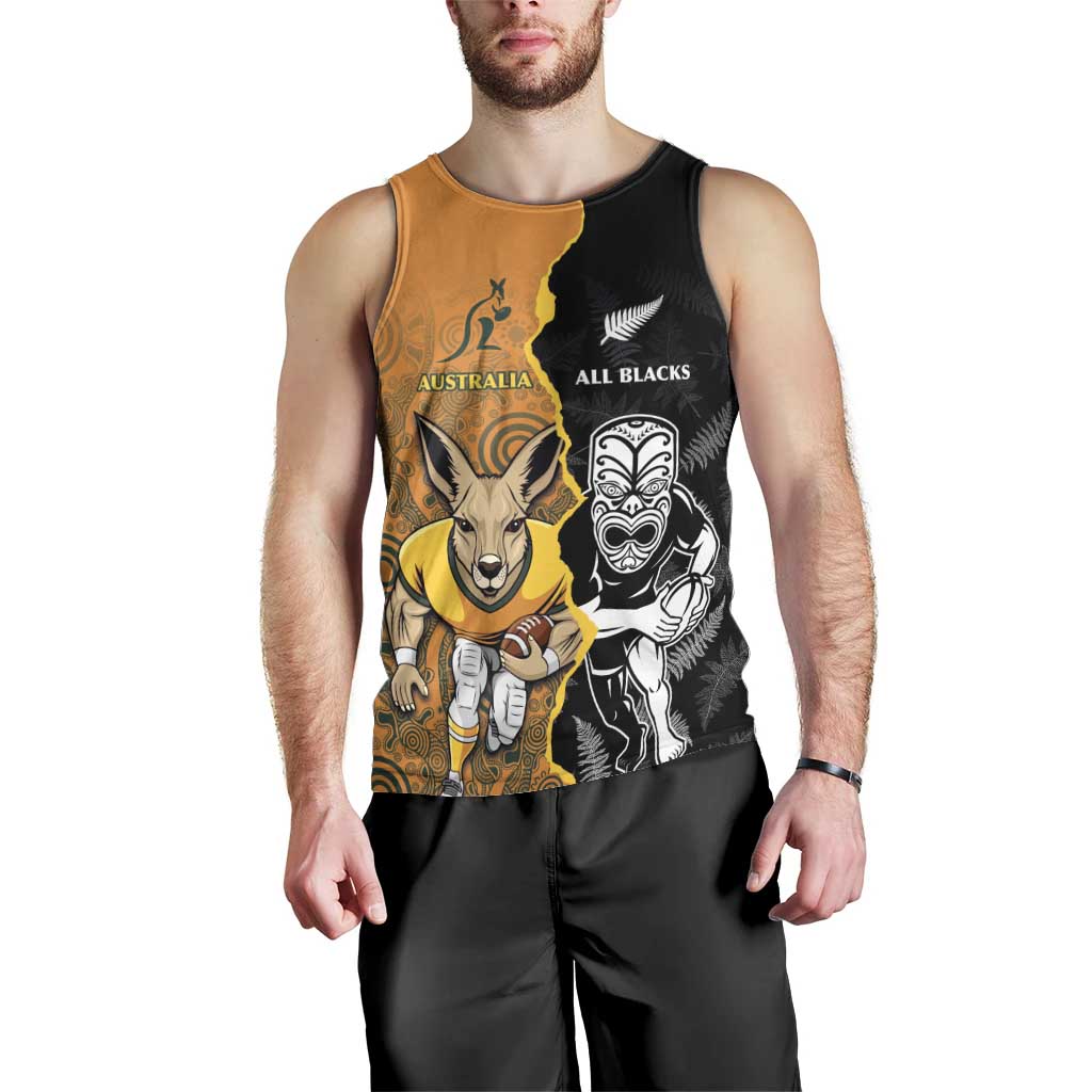 Custom New Zealand and Australia Rugby Championship 2024 Men Tank Top Maori Warrior and Kangaroo Mascot with Fern Aboriginal LT03 - Polynesian Pride