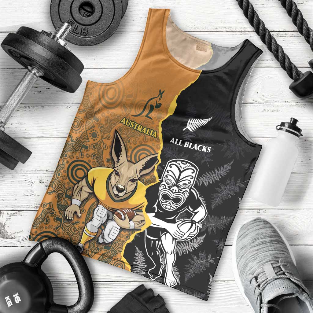 Custom New Zealand and Australia Rugby Championship 2024 Men Tank Top Maori Warrior and Kangaroo Mascot with Fern Aboriginal LT03 - Polynesian Pride