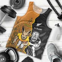 Custom New Zealand and Australia Rugby Championship 2024 Men Tank Top Maori Warrior and Kangaroo Mascot with Fern Aboriginal LT03 - Polynesian Pride