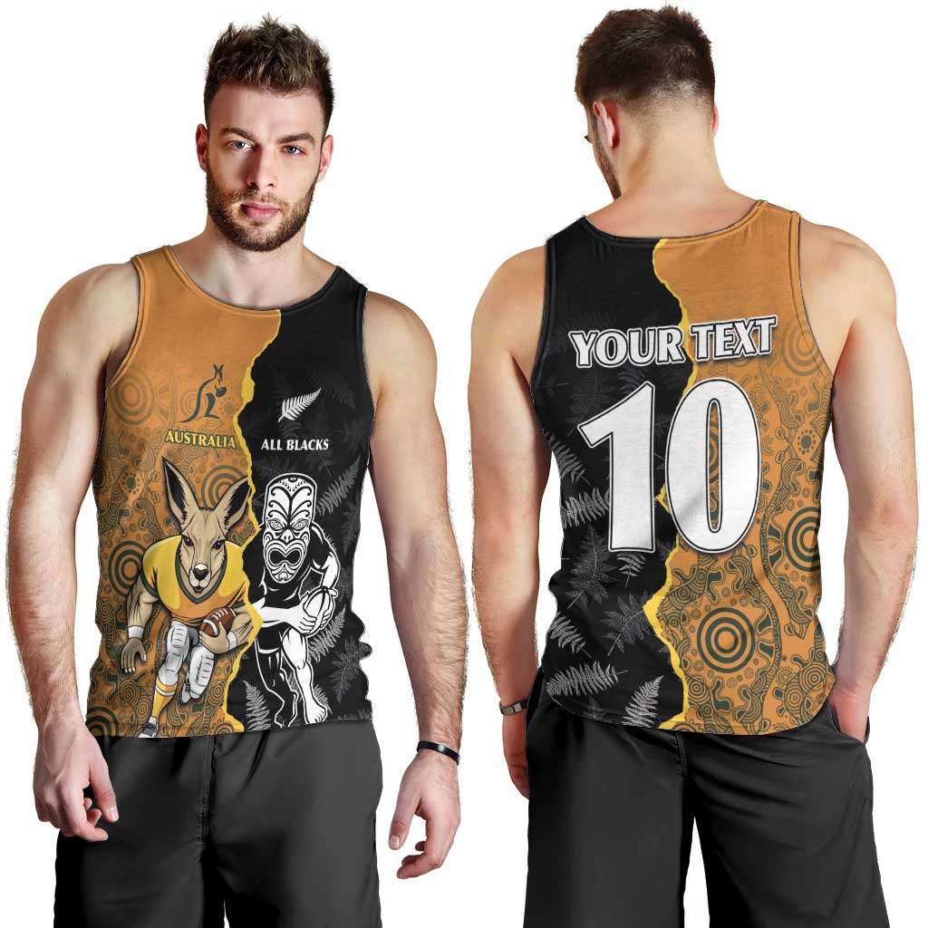 Custom New Zealand and Australia Rugby Championship 2024 Men Tank Top Maori Warrior and Kangaroo Mascot with Fern Aboriginal LT03 - Polynesian Pride