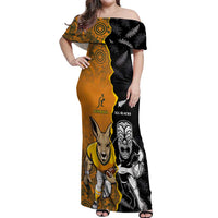 Custom New Zealand and Australia Rugby Championship 2024 Off Shoulder Maxi Dress Maori Warrior and Kangaroo Mascot with Fern Aboriginal LT03 Women Black - Polynesian Pride