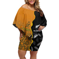 Custom New Zealand and Australia Rugby Championship 2024 Off Shoulder Short Dress Maori Warrior and Kangaroo Mascot with Fern Aboriginal LT03 Women Black - Polynesian Pride