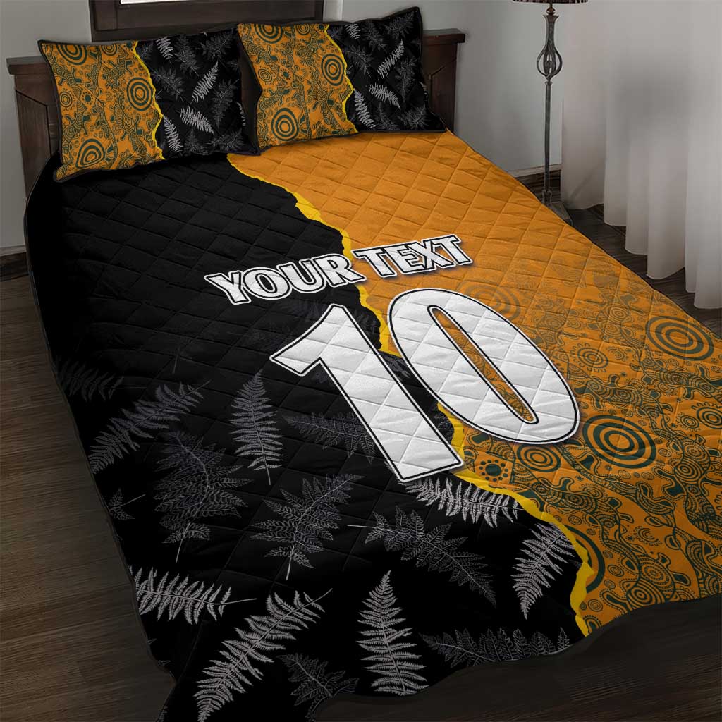 Custom New Zealand and Australia Rugby Championship 2024 Quilt Bed Set Maori Warrior and Kangaroo Mascot with Fern Aboriginal LT03 Black - Polynesian Pride