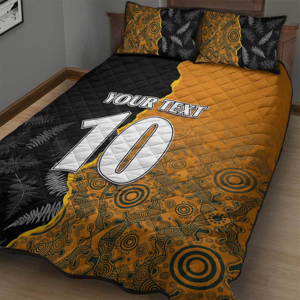Custom New Zealand and Australia Rugby Championship 2024 Quilt Bed Set Maori Warrior and Kangaroo Mascot with Fern Aboriginal LT03 - Polynesian Pride