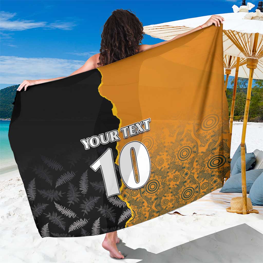 Custom New Zealand and Australia Rugby Championship 2024 Sarong Maori Warrior and Kangaroo Mascot with Fern Aboriginal LT03 One Size 44 x 66 inches Black - Polynesian Pride