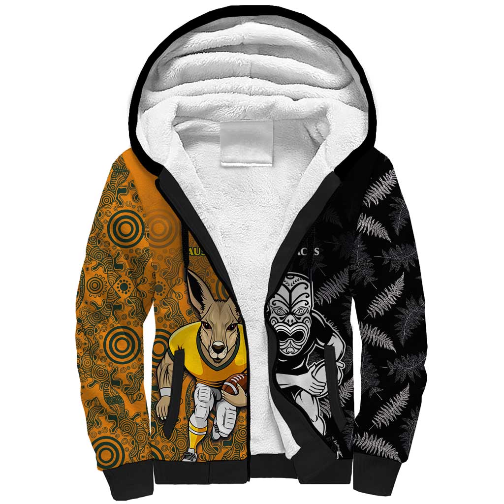 Custom New Zealand and Australia Rugby Championship 2024 Sherpa Hoodie Maori Warrior and Kangaroo Mascot with Fern Aboriginal LT03 Unisex Black - Polynesian Pride