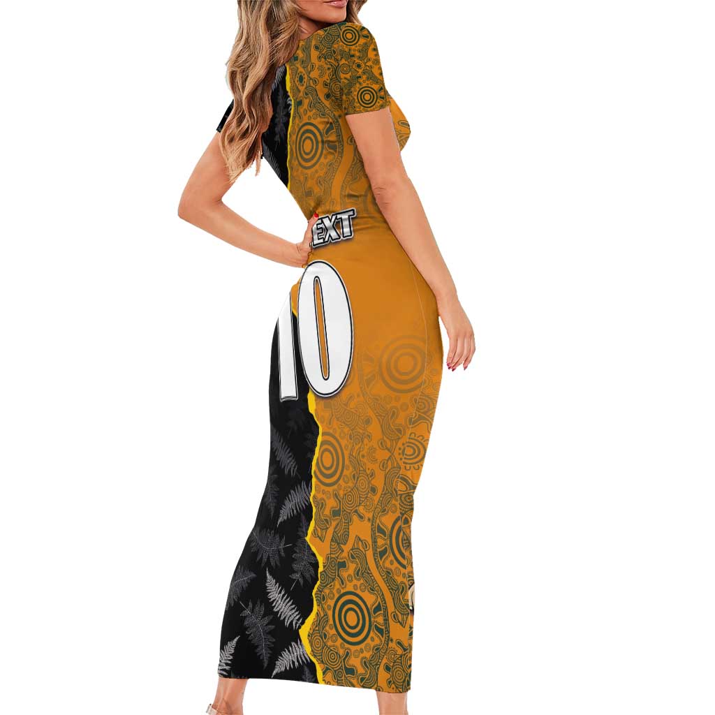 Custom New Zealand and Australia Rugby Championship 2024 Short Sleeve Bodycon Dress Maori Warrior and Kangaroo Mascot with Fern Aboriginal LT03 - Polynesian Pride