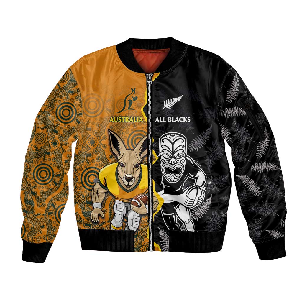 Custom New Zealand and Australia Rugby Championship 2024 Sleeve Zip Bomber Jacket Maori Warrior and Kangaroo Mascot with Fern Aboriginal LT03 Unisex Black - Polynesian Pride