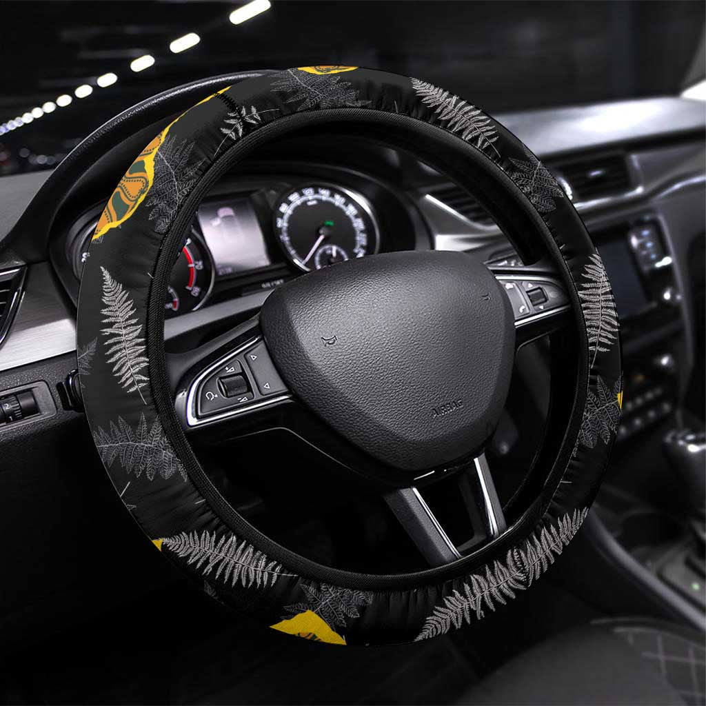 CuNew Zealand and Australia Rugby Championship 2024 Steering Wheel Cover Maori Warrior and Kangaroo Mascot with Fern Aboriginal LT03 Universal Fit Black - Polynesian Pride