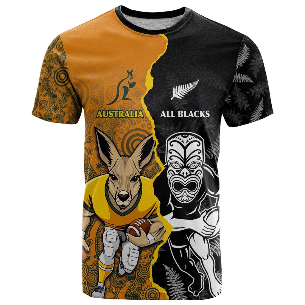 Custom New Zealand and Australia Rugby Championship 2024 T Shirt Maori Warrior and Kangaroo Mascot with Fern Aboriginal LT03 Black - Polynesian Pride