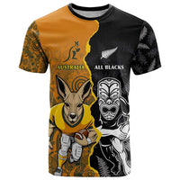 Custom New Zealand and Australia Rugby Championship 2024 T Shirt Maori Warrior and Kangaroo Mascot with Fern Aboriginal LT03 Black - Polynesian Pride