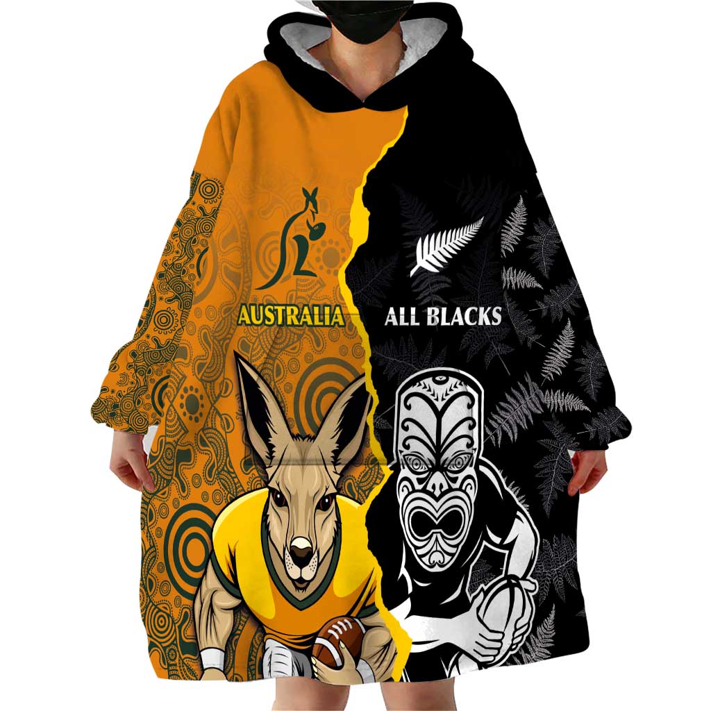 Custom New Zealand and Australia Rugby Championship 2024 Wearable Blanket Hoodie Maori Warrior and Kangaroo Mascot with Fern Aboriginal LT03 - Polynesian Pride