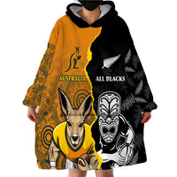 Custom New Zealand and Australia Rugby Championship 2024 Wearable Blanket Hoodie Maori Warrior and Kangaroo Mascot with Fern Aboriginal LT03 - Polynesian Pride