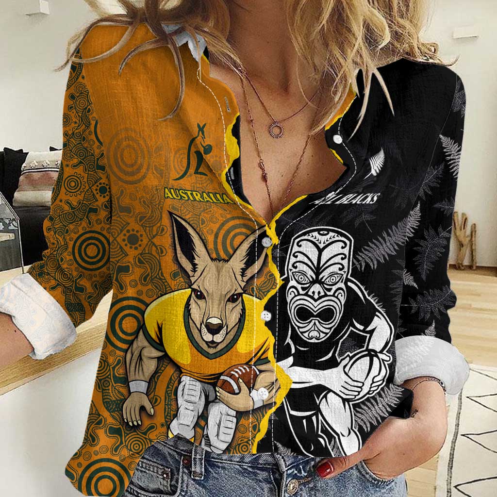 Custom New Zealand and Australia Rugby Championship 2024 Women Casual Shirt Maori Warrior and Kangaroo Mascot with Fern Aboriginal LT03 Female Black - Polynesian Pride