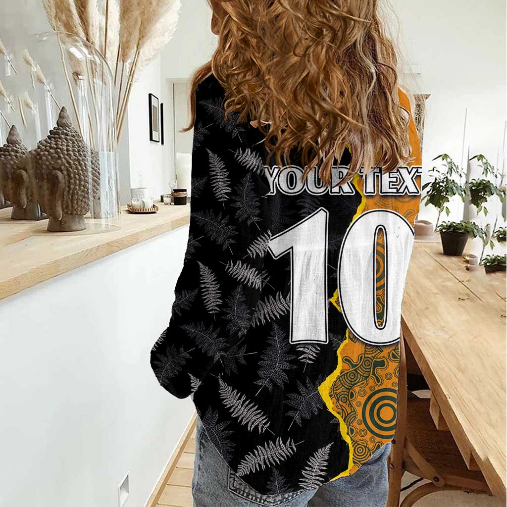 Custom New Zealand and Australia Rugby Championship 2024 Women Casual Shirt Maori Warrior and Kangaroo Mascot with Fern Aboriginal LT03 - Polynesian Pride