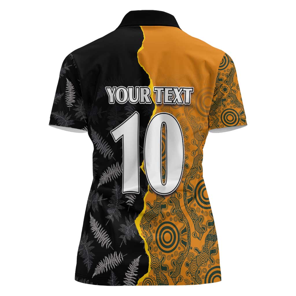 Custom New Zealand and Australia Rugby Championship 2024 Women Polo Shirt Maori Warrior and Kangaroo Mascot with Fern Aboriginal