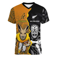 Custom New Zealand and Australia Rugby Championship 2024 Women V-Neck T-Shirt Maori Warrior and Kangaroo Mascot with Fern Aboriginal LT03 Female Black - Polynesian Pride