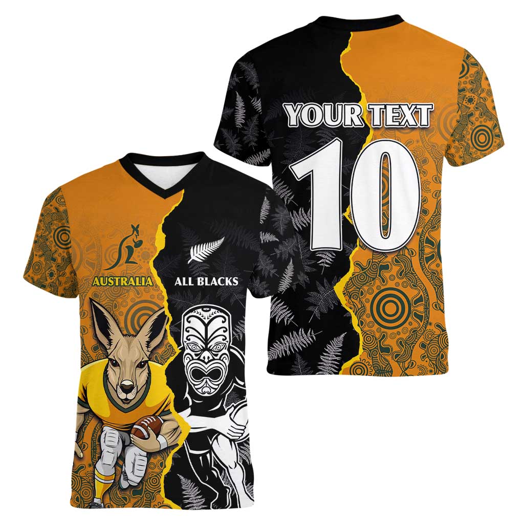 Custom New Zealand and Australia Rugby Championship 2024 Women V-Neck T-Shirt Maori Warrior and Kangaroo Mascot with Fern Aboriginal LT03 - Polynesian Pride
