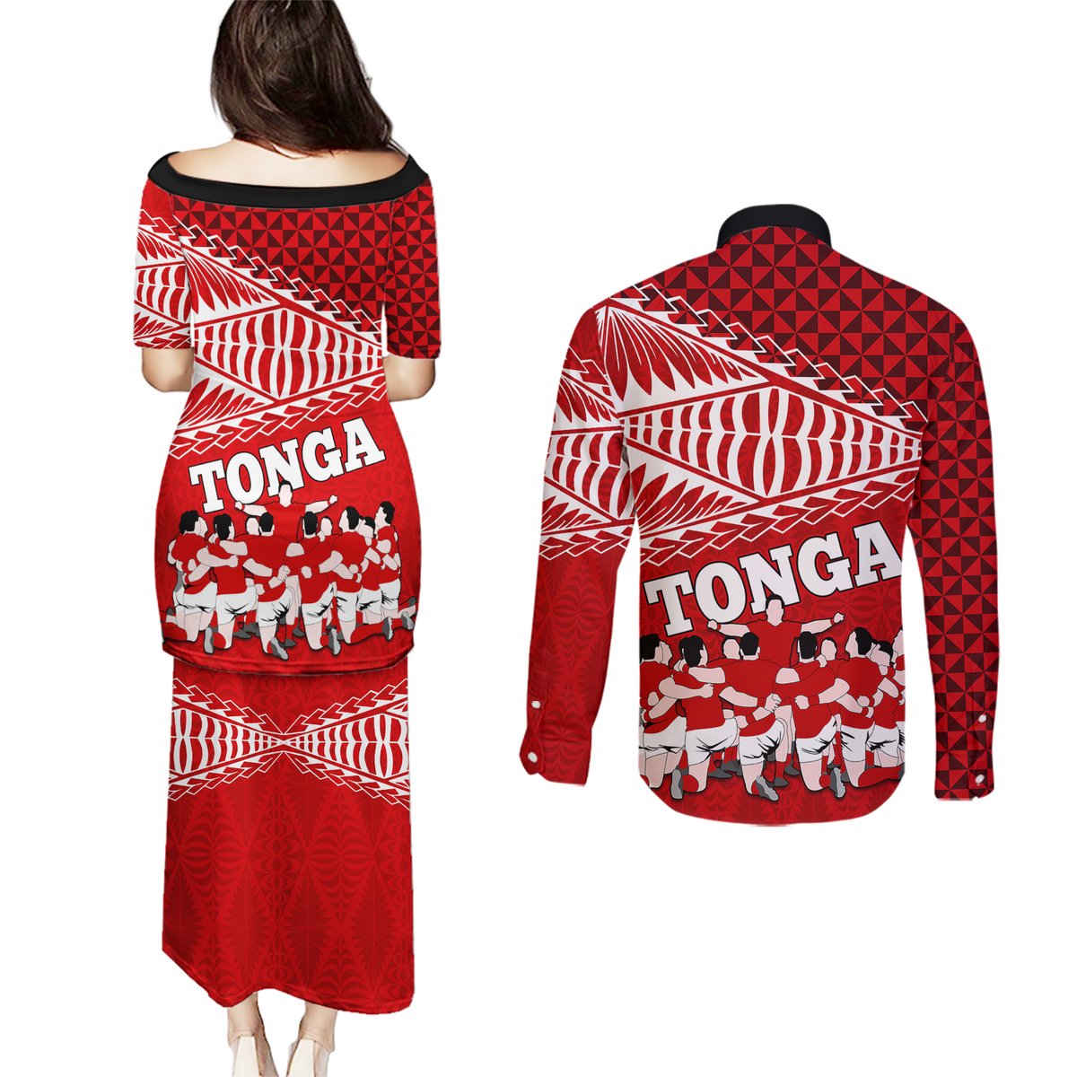 tonga-rugby-couples-matching-puletasi-dress-and-long-sleeve-button-shirts-sipi-tau-dance-ngatu-pattern