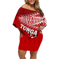 Tonga Rugby Family Matching Off Shoulder Short Dress and Hawaiian Shirt Sipi Tau Dance Ngatu Pattern LT03 Mom's Dress Red - Polynesian Pride