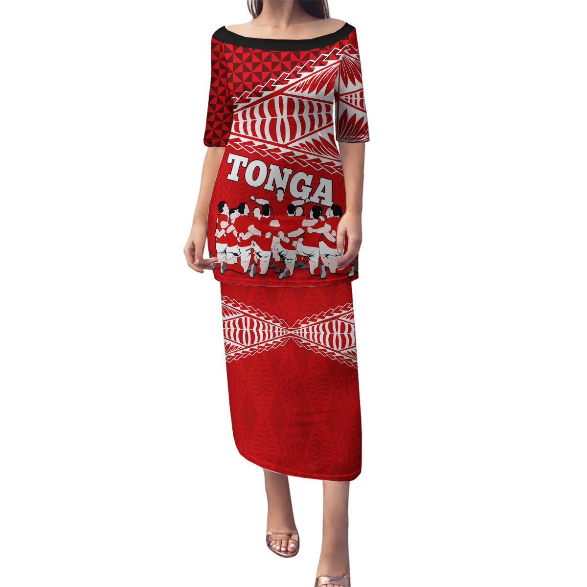Tonga Rugby Family Matching Puletasi Dress and Hawaiian Shirt Sipi Tau Dance Ngatu Pattern LT03 Mom's Dress Red - Polynesian Pride
