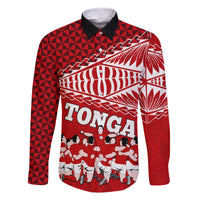 Tonga Rugby Family Matching Tank Maxi Dress and Hawaiian Shirt Sipi Tau Dance Ngatu Pattern LT03 Dad's Shirt - Long Sleeve Red - Polynesian Pride