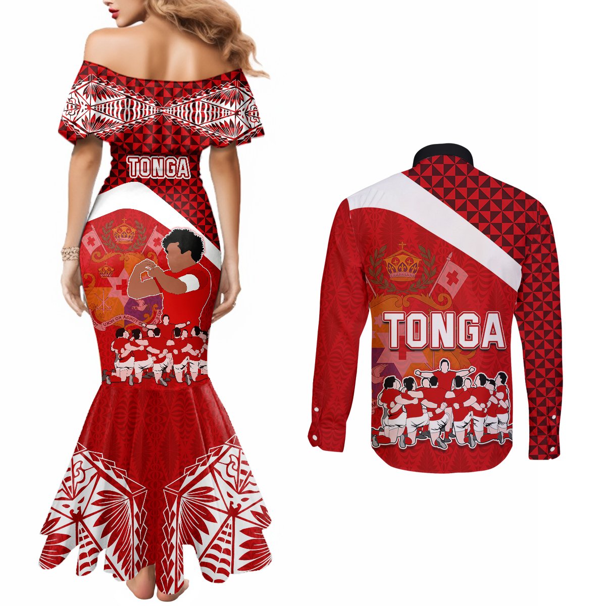 tonga-rugby-couples-matching-mermaid-dress-and-long-sleeve-button-shirts-sipi-tau-dance-coat-of-arms-ngatu-pattern