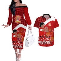 Tonga Rugby Couples Matching Off The Shoulder Long Sleeve Dress and Hawaiian Shirt Sipi Tau Dance Coat of Arms Ngatu Pattern LT03 Red - Polynesian Pride