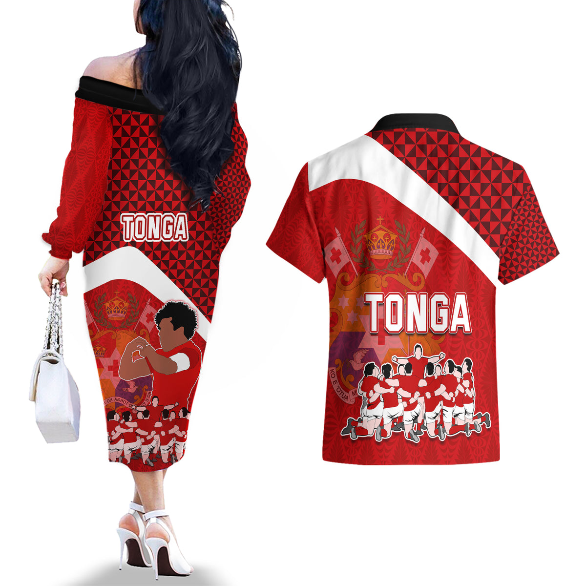 Tonga Rugby Couples Matching Off The Shoulder Long Sleeve Dress and Hawaiian Shirt Sipi Tau Dance Coat of Arms Ngatu Pattern LT03 - Polynesian Pride