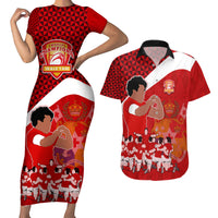 Tonga Rugby Couples Matching Short Sleeve Bodycon Dress and Hawaiian Shirt Sipi Tau Dance Coat of Arms Ngatu Pattern LT03 Red - Polynesian Pride