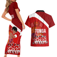 Tonga Rugby Couples Matching Short Sleeve Bodycon Dress and Hawaiian Shirt Sipi Tau Dance Coat of Arms Ngatu Pattern LT03 - Polynesian Pride