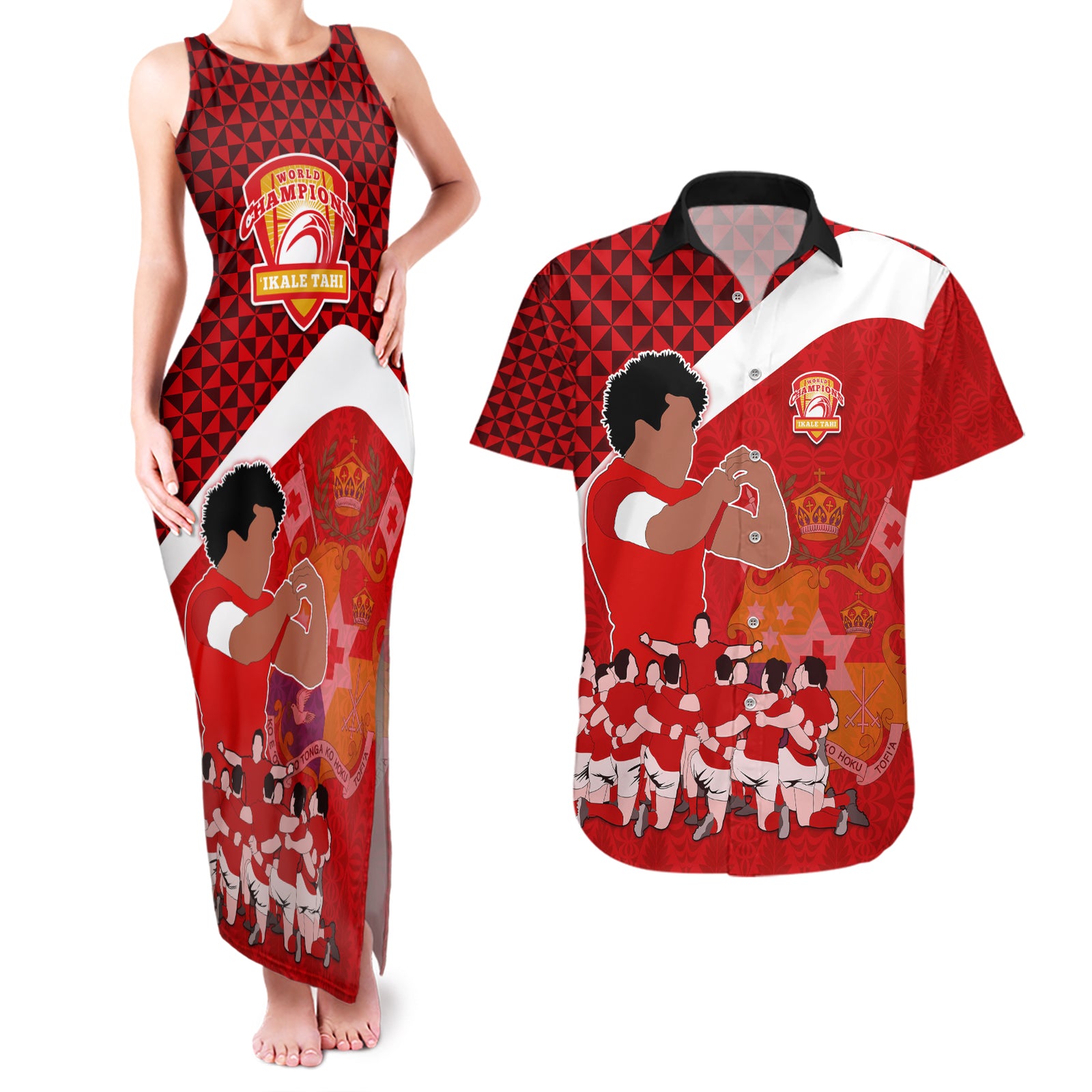 tonga-rugby-couples-matching-tank-maxi-dress-and-hawaiian-shirt-sipi-tau-dance-coat-of-arms-ngatu-pattern