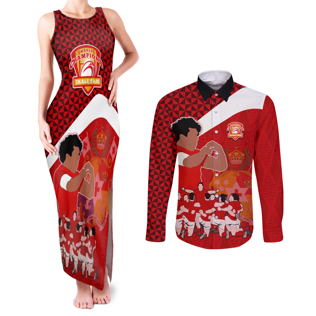 tonga-rugby-couples-matching-tank-maxi-dress-and-long-sleeve-button-shirts-sipi-tau-dance-coat-of-arms-ngatu-pattern