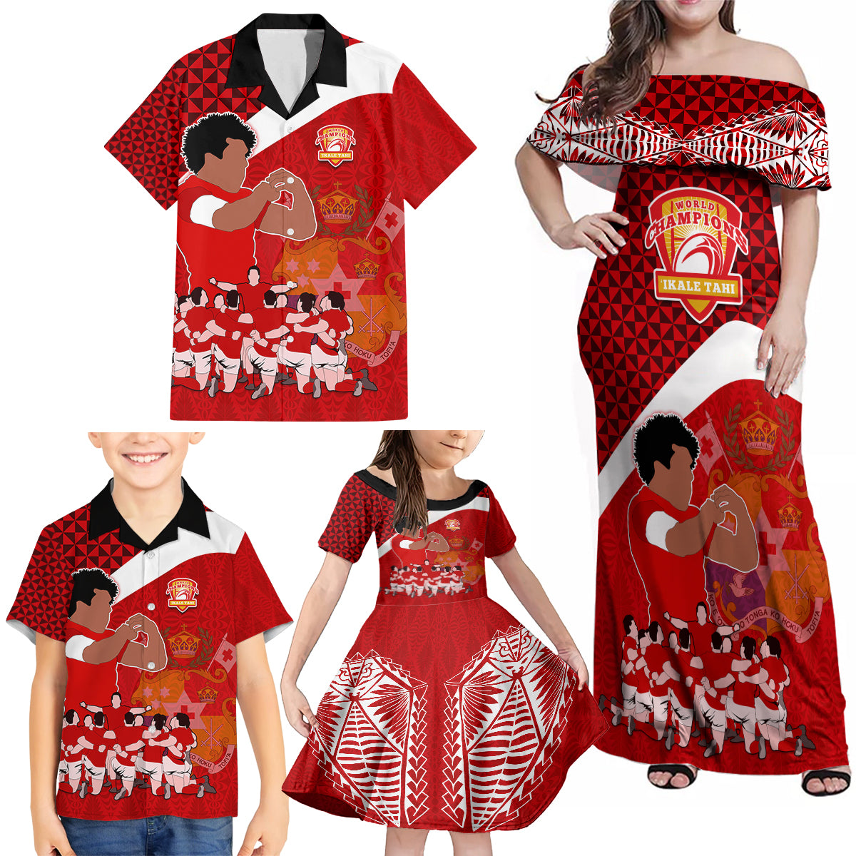 Tonga Rugby Family Matching Off Shoulder Maxi Dress and Hawaiian Shirt Sipi Tau Dance Coat of Arms Ngatu Pattern LT03 - Polynesian Pride