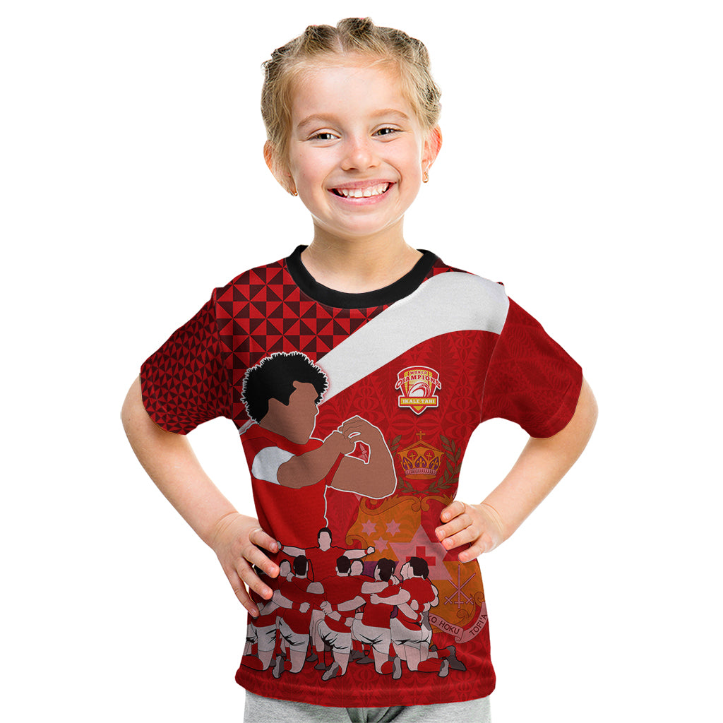 Tonga Rugby Kid T Shirt Sipi Tau Dance Coat of Arms Ngatu Pattern LT03 Red - Polynesian Pride