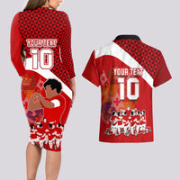 Personalised Tonga Rugby Couples Matching Long Sleeve Bodycon Dress and Hawaiian Shirt Sipi Tau Dance Coat of Arms Ngatu Pattern LT03 - Polynesian Pride