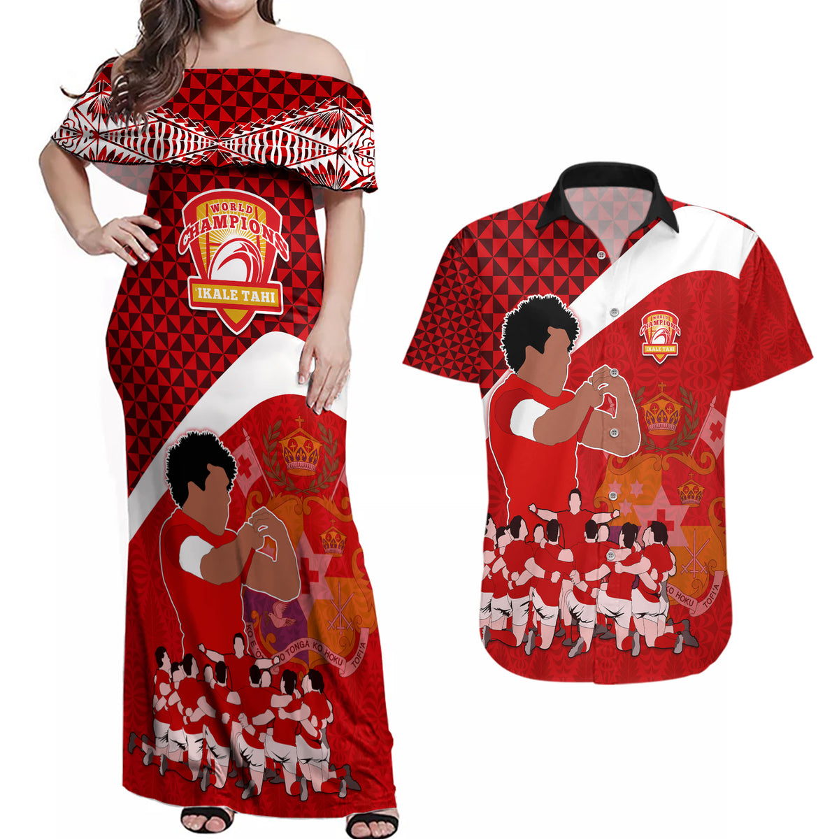 personalised-tonga-rugby-couples-matching-off-shoulder-maxi-dress-and-hawaiian-shirt-sipi-tau-dance-coat-of-arms-ngatu-pattern