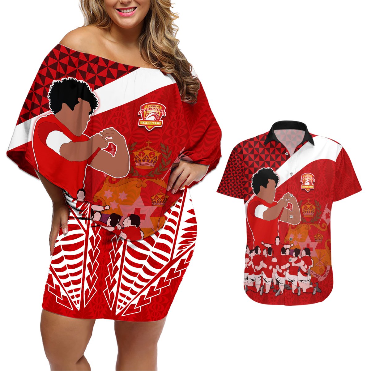 personalised-tonga-rugby-couples-matching-off-shoulder-short-dress-and-hawaiian-shirt-sipi-tau-dance-coat-of-arms-ngatu-pattern